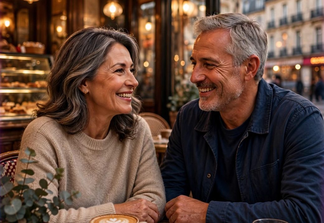 Un couple complice attablé à la terrasse d'un café